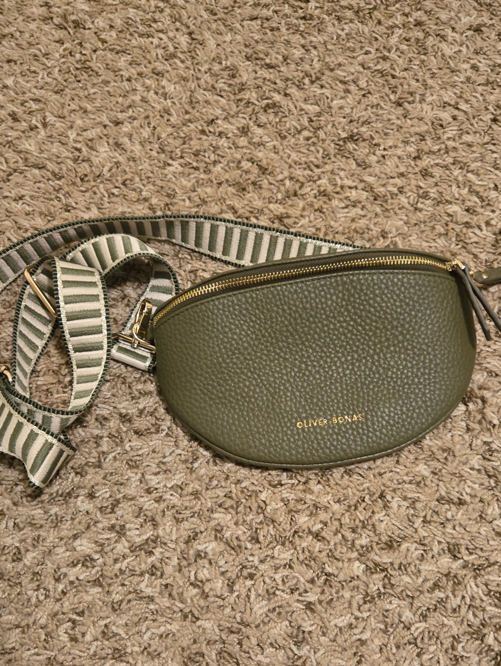 Oliver Bonas Olive Green Pebbled Leather Belt Bag with Striped Strap
